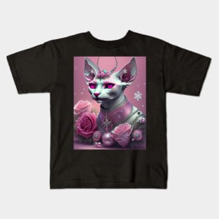 Pink Sphynx Devil with Roses Kids T-Shirt